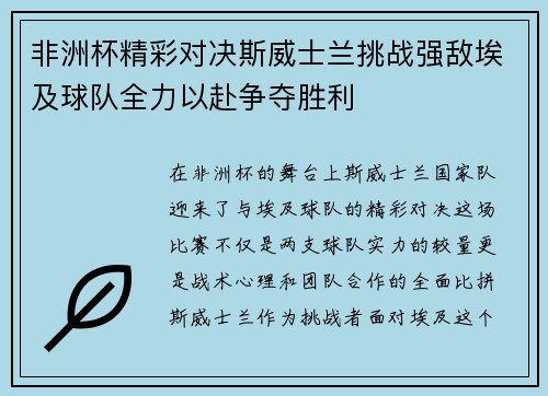 非洲杯精彩对决斯威士兰挑战强敌埃及球队全力以赴争夺胜利